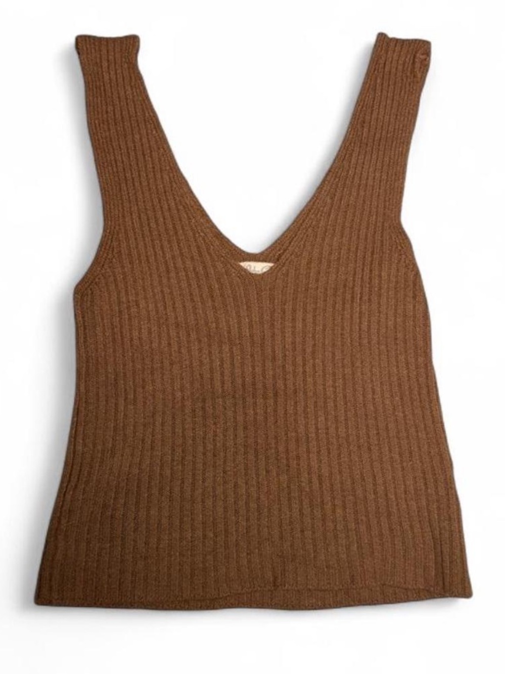 John Galt Ribbed Brown Deep-V Tank Sweater